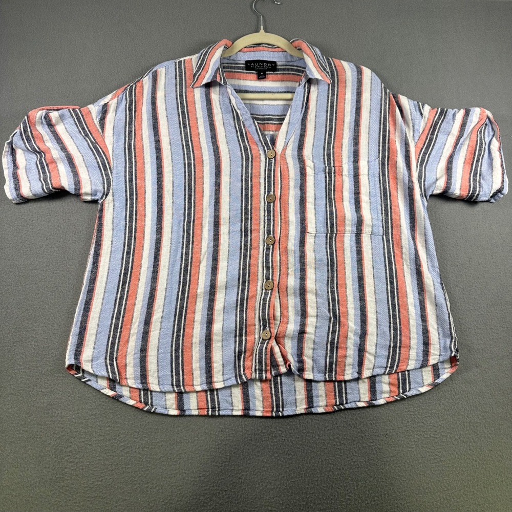 Laundry by Shelli Segal Linen Blend Striped Short Sleeve Button Down Shirt M